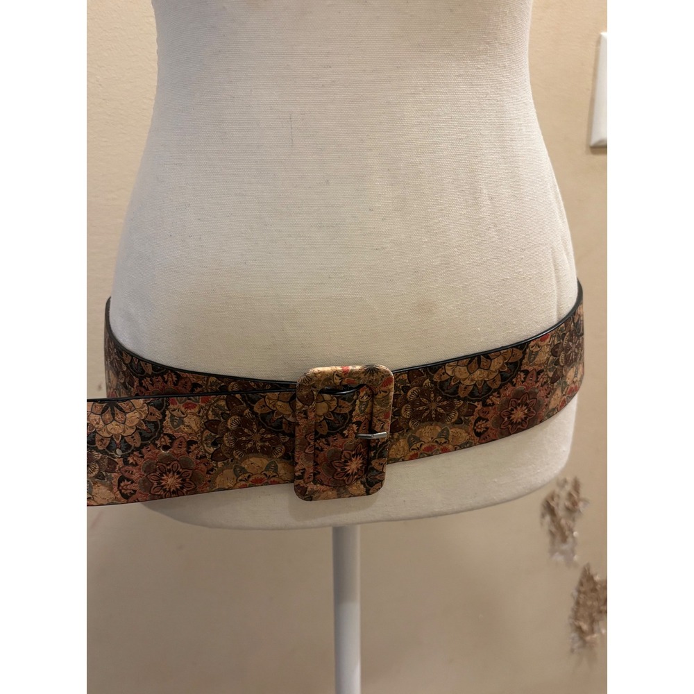 Floral Mandala Print Wide Cork Belt Boho Rectangular Buckle Statement Accessory